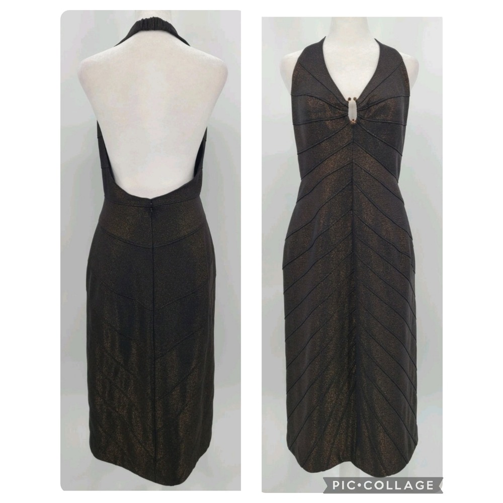 Vtg Y2K Glam Halter Dress 12 Midi Backless Gold Shimmer Black Clubwear Niteline